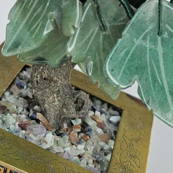 Vintage Chinese Jade Bonsai Tree Carved Carnelian Gemstone Brass Planter - Picture 9 of 9